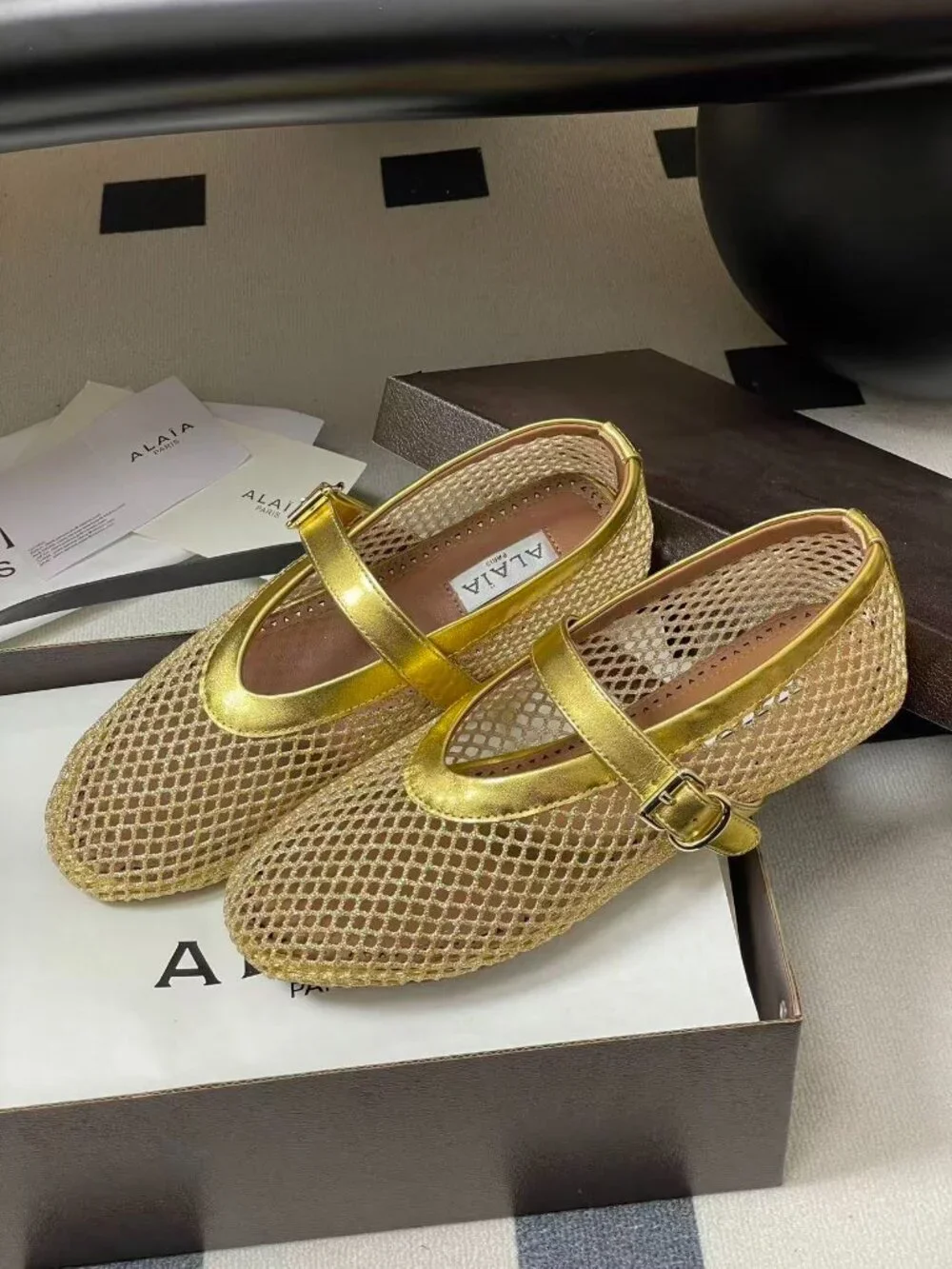 ALAIA Gold French Ballet Flats: Stunning Openwork Fishnet Shoes 🔥 - Picture 6 of 8